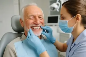 Image of a smiling senior man in a dental chair, confidently displaying his new set of All-on-4 dental implants, with a dentist adjusting the prosthetic teeth in a modern dental office setting. No text on image.