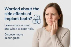 Image of a dental implant surrounded by inflamed gums, with an overlay of warning signs like redness and swelling. No text on image.