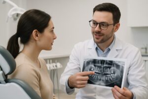 A dentist is pointing to an x-ray of a patient's mouth that clearly shows the wisdom teeth. The dentist is consulting with the patient about their options. No text on image.
