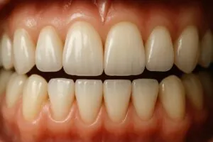 Close up image of natural looking teeth implants, indistinguishable from natural teeth. No text on the image.
