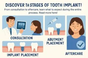 Image depicting the six stages of a dental implant procedure, from initial consultation to long-term maintenance, using simple icons to represent each stage. No text on the image.