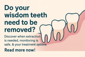 Image of a smiling young woman in a dental chair, consulting with a dentist who is pointing to an x-ray of her wisdom teeth, discussing removal options. No text on the image.