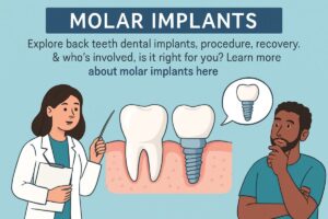 Close-up image of back teeth dental implants being installed in the lower jaw, focusing on the precision of the surgical procedure. No text on image.