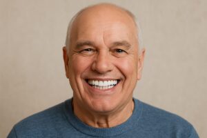 Photo of a smiling senior man with a full set of dental implants, showcasing a confident and natural-looking smile. No text on image.