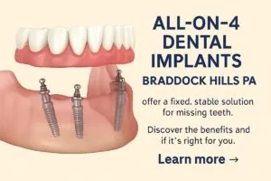 Image of a smiling senior woman, happy with her new all-on-4 dental implants. The dentist is beside her, also smiling, while looking at the dental implants. No text on the image.