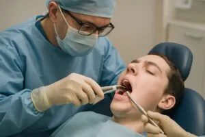 Image of a dentist or oral surgeon, wearing surgical gear, using tools to remove a wisdom tooth from a patient in a dental chair. No text on the image.