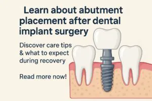 Close up image of an abutment being connected to a dental implant, with dental tools in the background. No text on the image.