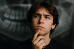 A teenager looking thoughtful, scratching their chin, with X-ray images of wisdom teeth faintly visible in the background. No text on the image.