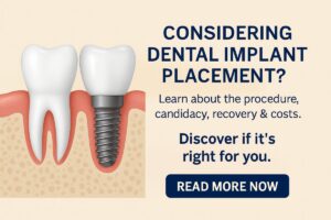 Close up of a dental implant being surgically placed into a patient's jawbone by a dentist, using sterilized tools. The gums are slightly pulled back to show the implant site. No text on the image.