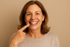 Image of a smiling middle aged woman pointing to her dental implant, showing off her new smile.