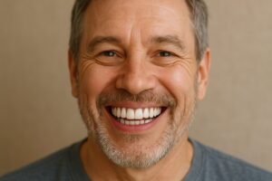 A person smiling, revealing a full set of teeth, with some teeth replaced by dental implants, showcasing a natural-looking and confident smile. No text on image.