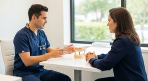 Dentist and patient discussing oral surgery plans in a modern dental office