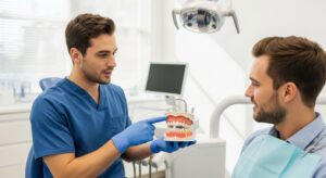 Patient consulting with an oral surgeon about human teeth count without wisdom teeth