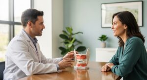 Patient discussing treatment options with an oral surgeon in a modern dental office
