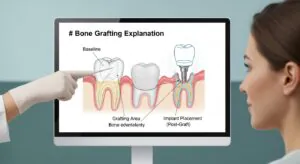 Dentist explaining bone grafting procedure to patient with digital screen