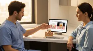 Dentist explaining dry socket signs to a patient in a modern clinic.