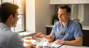 Patient consulting with an oral surgeon about wisdom tooth recovery