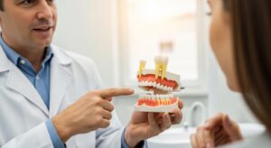 Dentist explaining human dental anatomy in a professional setting