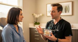 Patient discussing tooth extraction recovery with oral surgeon