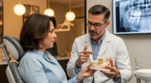Dentist explaining sideways wisdom teeth to a patient in a clinic.