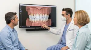 Oral surgeon explains teeth anatomy to a patient in modern dental office.