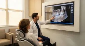 Patient at oral surgery consultation using advanced dental imaging