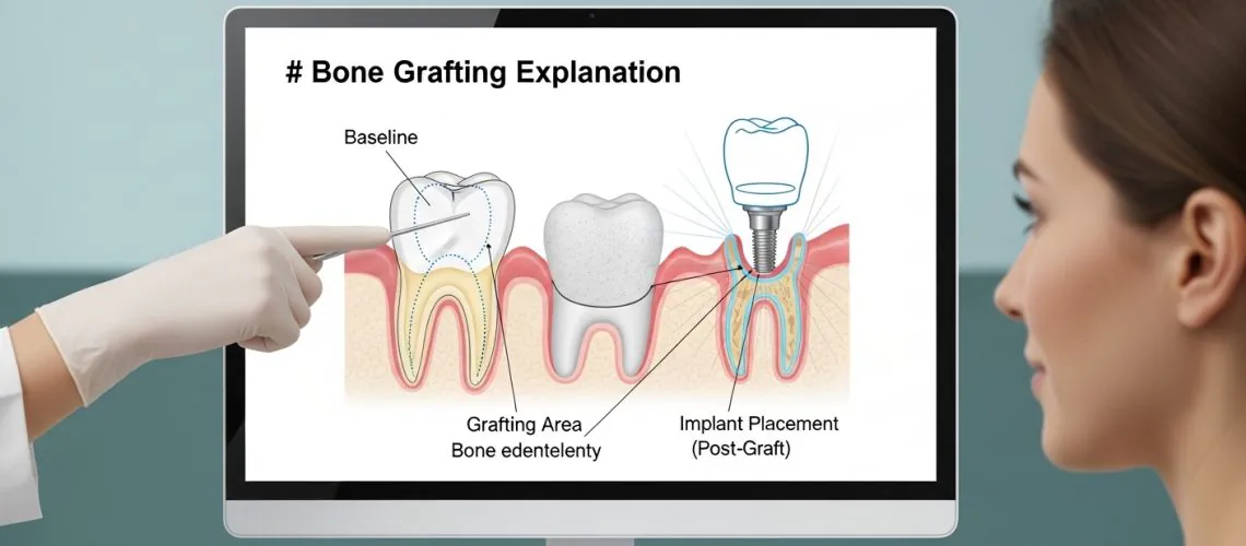 Dentist explaining bone grafting procedure to patient with digital screen