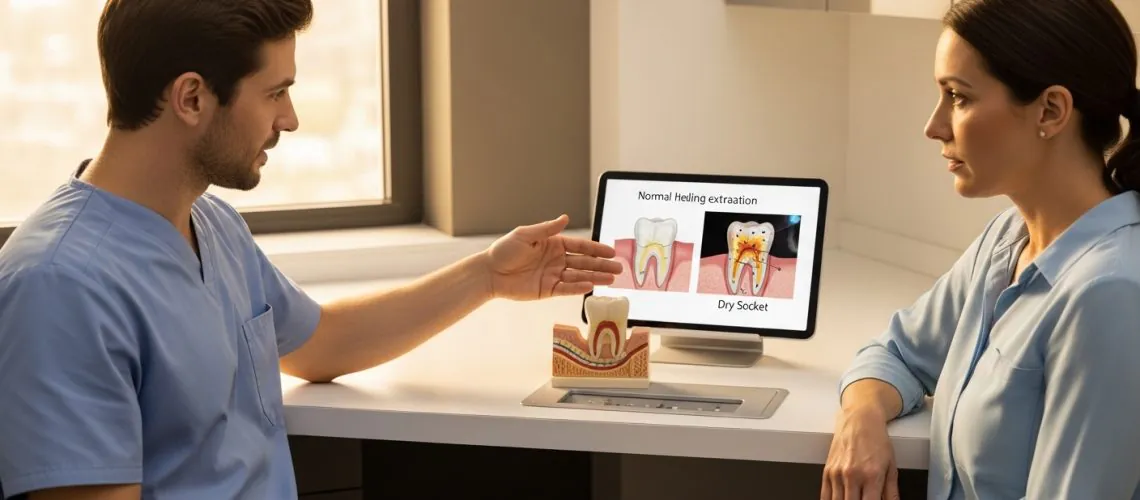 Dentist explaining dry socket signs to a patient in a modern clinic.