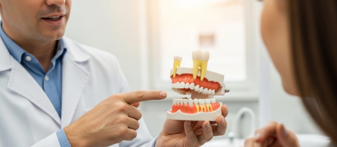 Dentist explaining human dental anatomy in a professional setting
