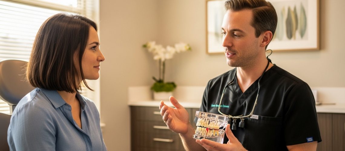 Patient discussing tooth extraction recovery with oral surgeon