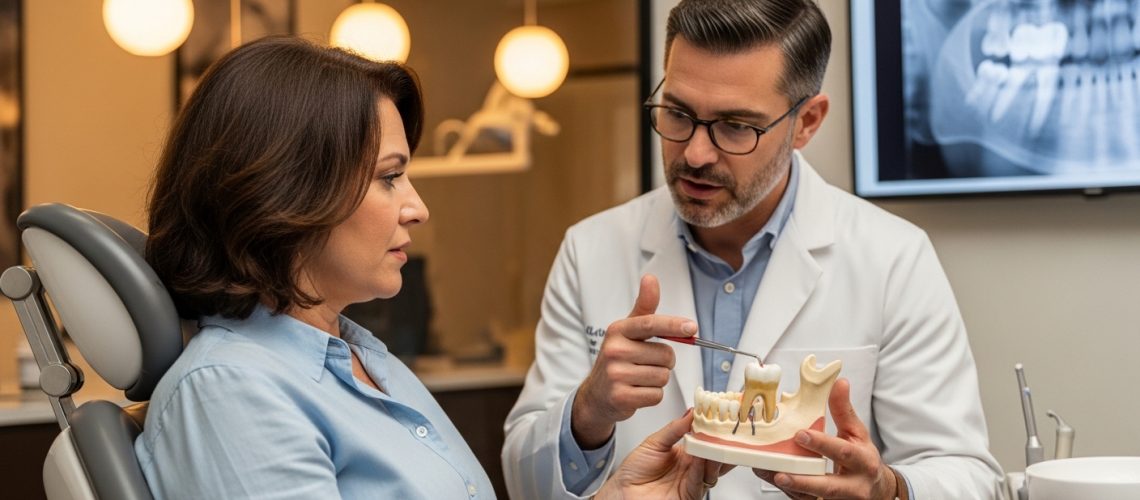 Dentist explaining sideways wisdom teeth to a patient in a clinic.