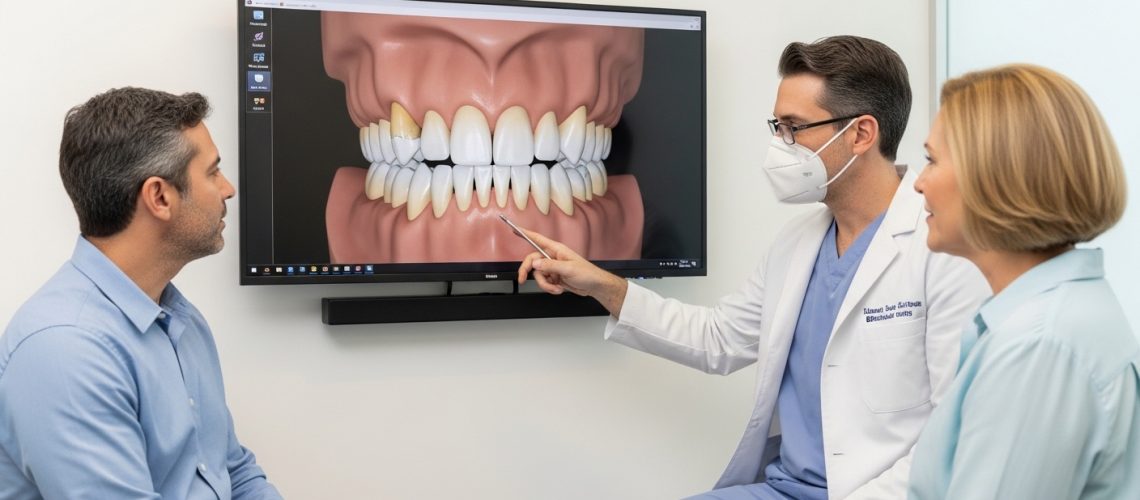 Oral surgeon explains teeth anatomy to a patient in modern dental office.