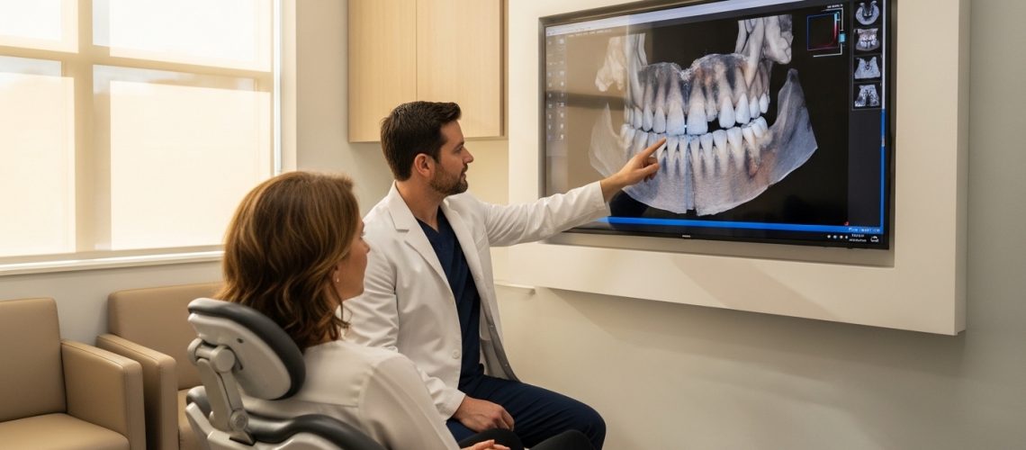 Patient at oral surgery consultation using advanced dental imaging