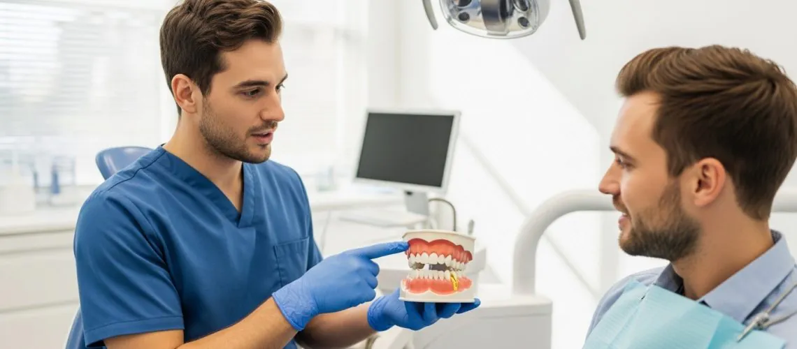 Patient consulting with an oral surgeon about human teeth count without wisdom teeth