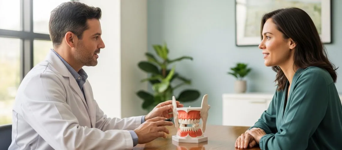 Patient discussing treatment options with an oral surgeon in a modern dental office