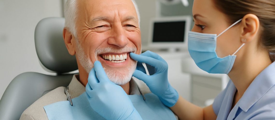 Image of a smiling senior man in a dental chair, confidently displaying his new set of All-on-4 dental implants, with a dentist adjusting the prosthetic teeth in a modern dental office setting. No text on image.