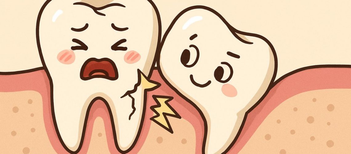 Image of a cartoon wisdom tooth growing in sideways, pushing against the roots of the adjacent molar, causing it to appear damaged and in pain. No text on image.