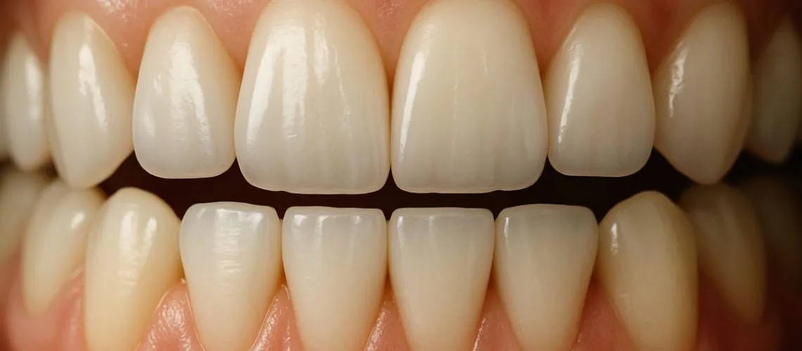 Close up image of natural looking teeth implants, indistinguishable from natural teeth. No text on the image.