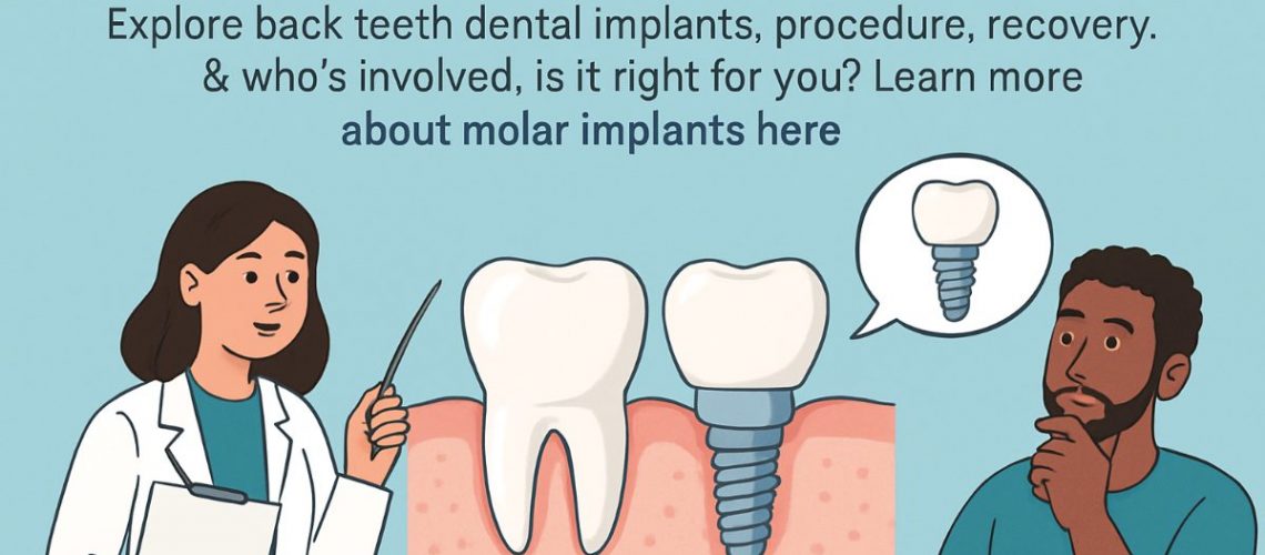 Close-up image of back teeth dental implants being installed in the lower jaw, focusing on the precision of the surgical procedure. No text on image.