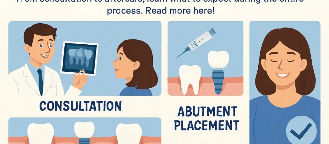 Image depicting the six stages of a dental implant procedure, from initial consultation to long-term maintenance, using simple icons to represent each stage. No text on the image.