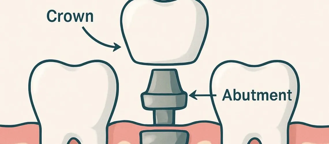 Close-up image of a dental implant abutment being connected to the implant post by a dental professional. No text on the image.