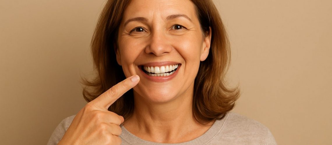 Image of a smiling middle aged woman pointing to her dental implant, showing off her new smile.