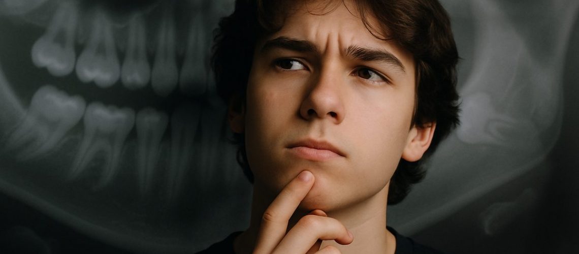 A teenager looking thoughtful, scratching their chin, with X-ray images of wisdom teeth faintly visible in the background. No text on the image.