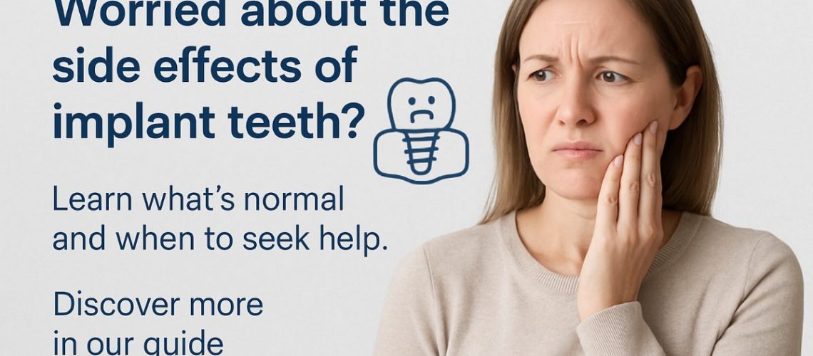 Image of a dental implant surrounded by inflamed gums, with an overlay of warning signs like redness and swelling. No text on image.