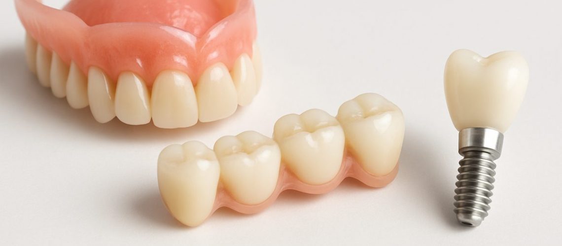 Close-up image showcasing various fake teeth replacement options, including dentures, bridges, and implants, arranged aesthetically on a clean, white dental surface. No text on the image.