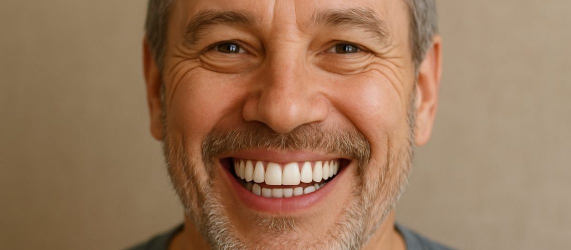 A person smiling, revealing a full set of teeth, with some teeth replaced by dental implants, showcasing a natural-looking and confident smile. No text on image.