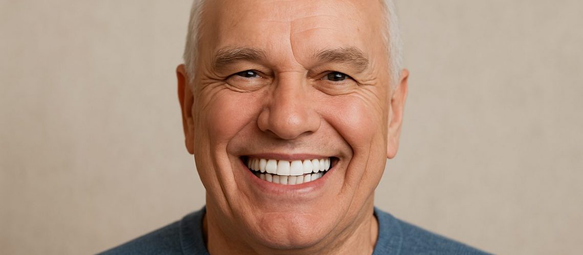 Photo of a smiling senior man with a full set of dental implants, showcasing a confident and natural-looking smile. No text on image.