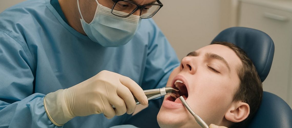 Image of a dentist or oral surgeon, wearing surgical gear, using tools to remove a wisdom tooth from a patient in a dental chair. No text on the image.