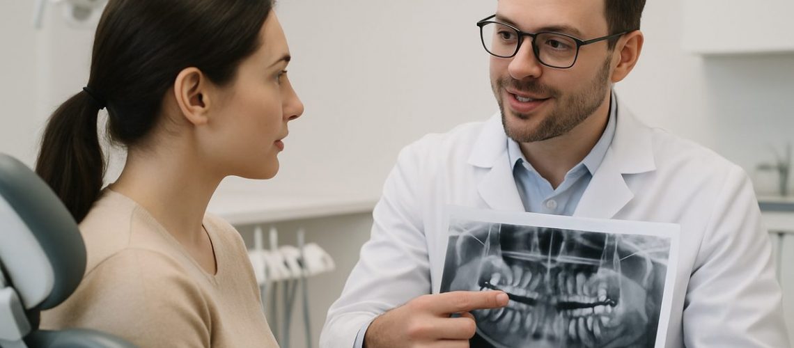 A dentist is pointing to an x-ray of a patient's mouth that clearly shows the wisdom teeth. The dentist is consulting with the patient about their options. No text on image.